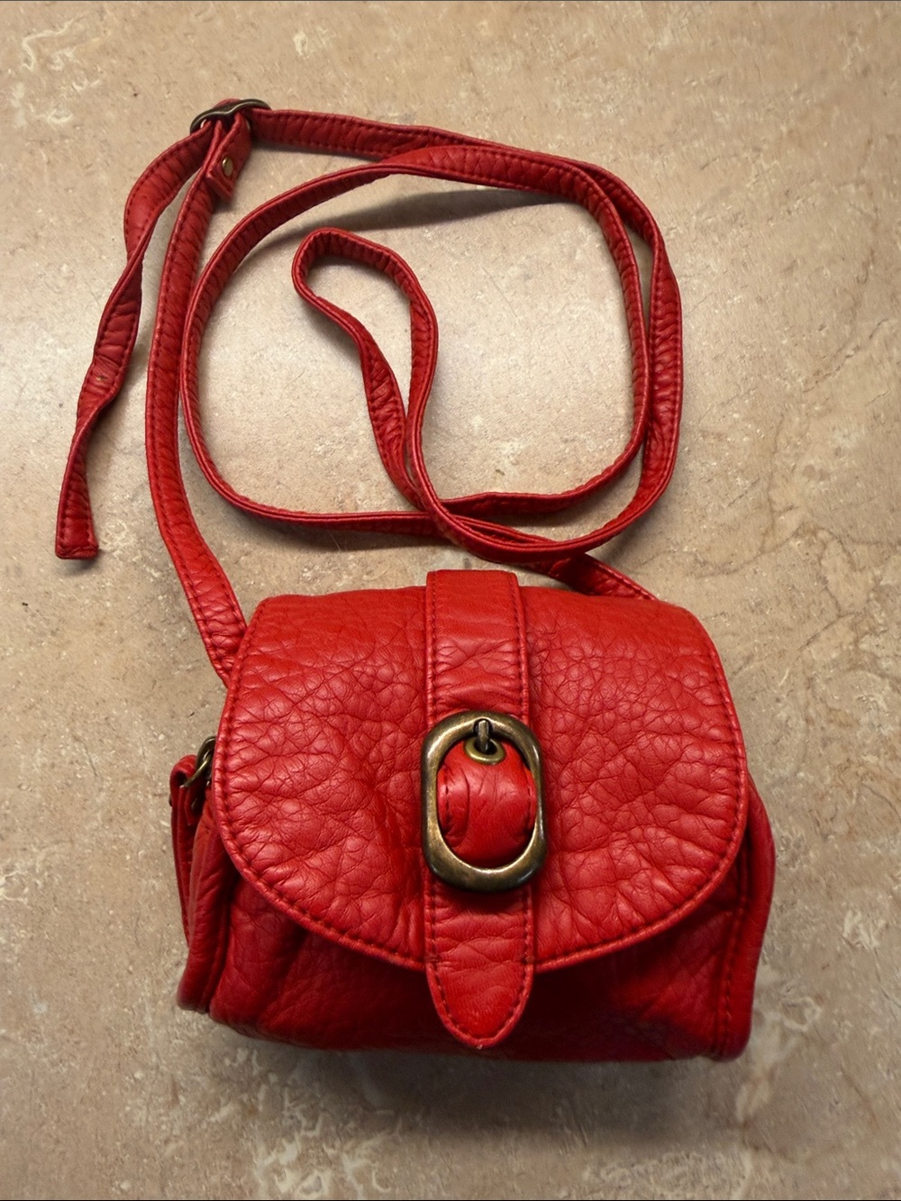 American Eagle Outfitters Red Pebbled Leather Crossbody with Brass Buckle